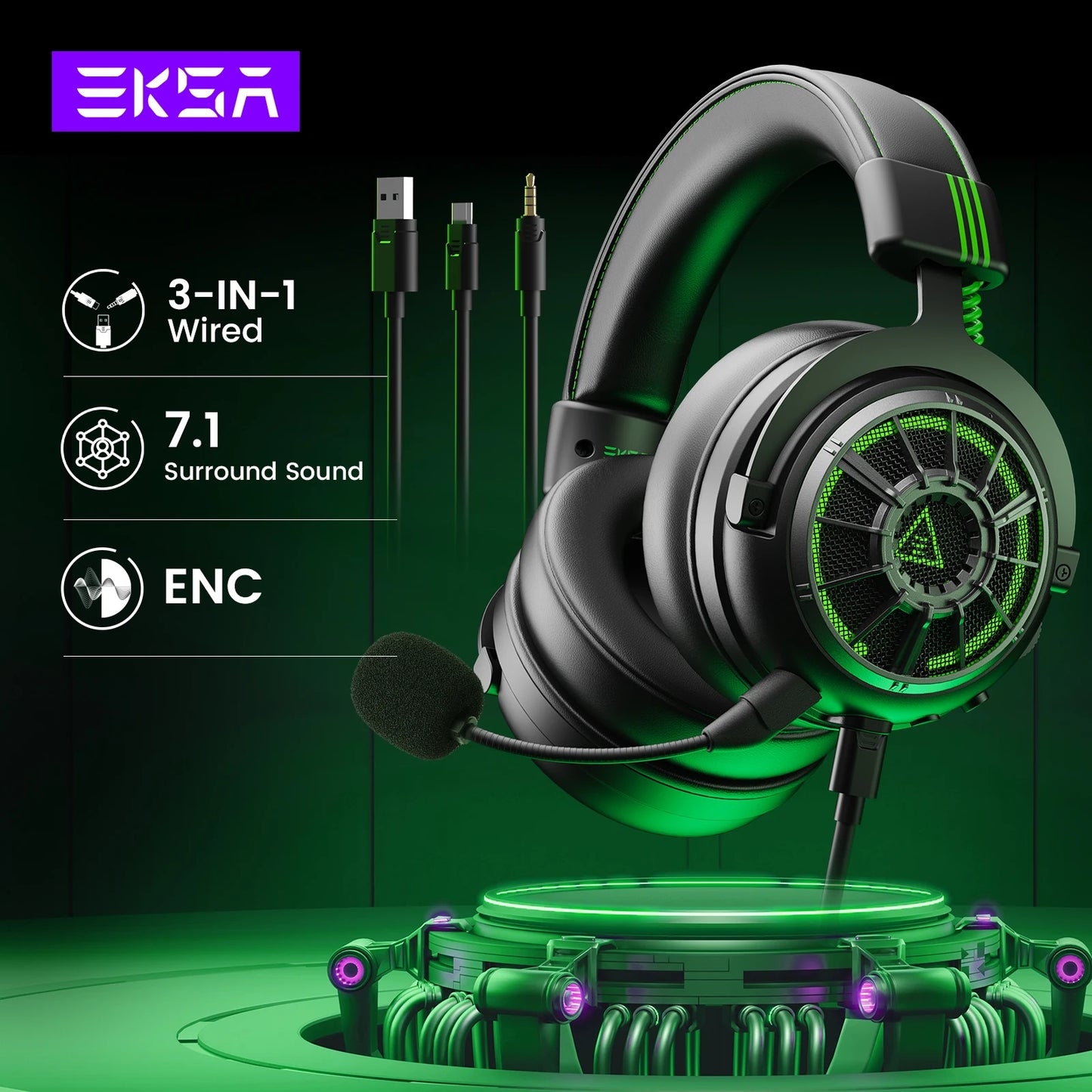 EKSA E5000 Pro 7.1 Wired Gaming Headset With ENC Mic, USB/Type C/3.5mm Detachable Cable
