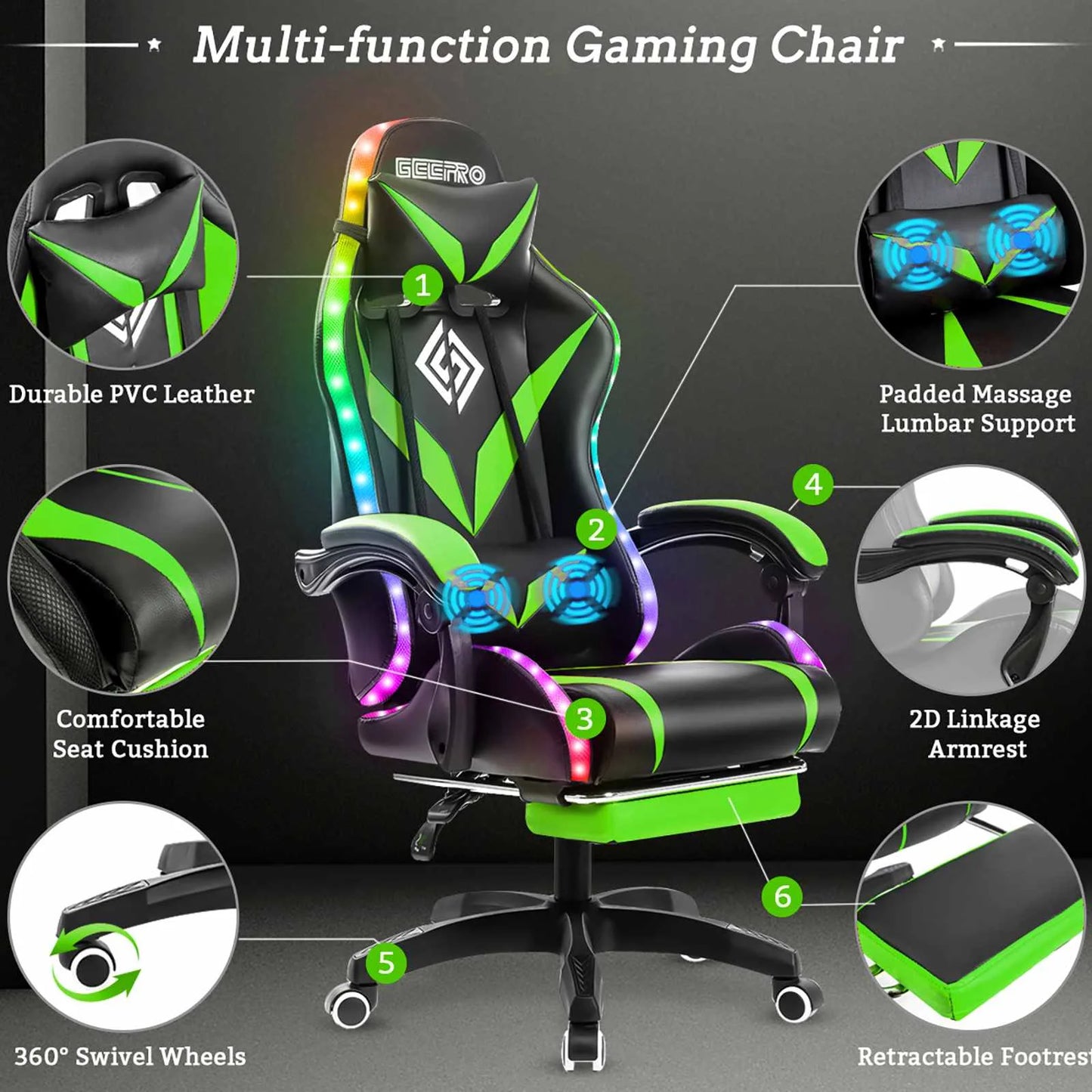 ErgoLux RGB Gaming Recliner with Bluetooth Speakers and Two Point Massage