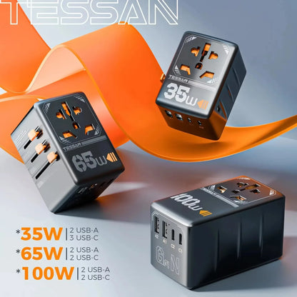 TESSAN 100W GaN Universal Travel Adapter: USB & Type C Fast Charging International Plug for EU/UK/USA/AUS