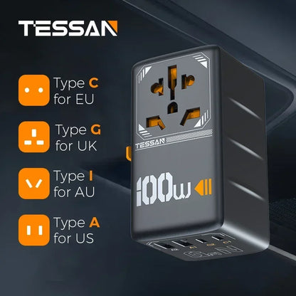 TESSAN 100W GaN Universal Travel Adapter: USB & Type C Fast Charging International Plug for EU/UK/USA/AUS