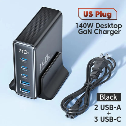 Toocki 140W GaN USB Charger: 5-in-1 Desktop Fast Charge with LED Display for iPhone, Xiaomi, Smartphone, and Laptop