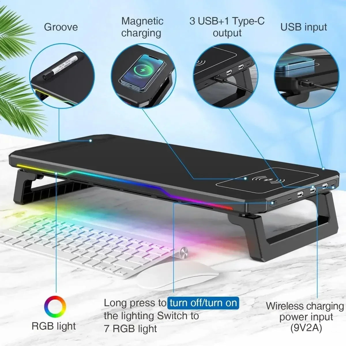 TESSAN Monitor Stand with USB Hub, 15W Wireless Charging Strip, RGB Lighting, and Type-C Output