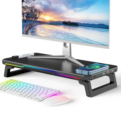 TESSAN Monitor Stand with USB Hub, 15W Wireless Charging Strip, RGB Lighting, and Type-C Output