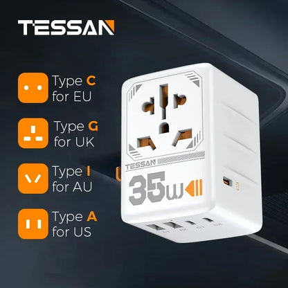 TESSAN 100W GaN Universal Travel Adapter: USB & Type C Fast Charging International Plug for EU/UK/USA/AUS