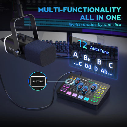 FIFINE All-in-One Podcast Kit with RGB Audio Mixer, Streaming Studio Set with Dynamic Mic for PC Gaming Recording - Ampligame KS5