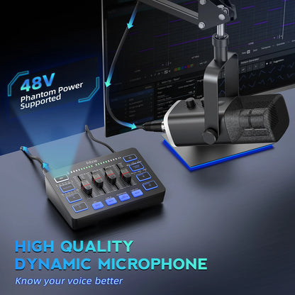 FIFINE All-in-One Podcast Kit with RGB Audio Mixer, Streaming Studio Set with Dynamic Mic for PC Gaming Recording - Ampligame KS5