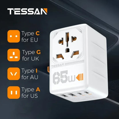 TESSAN 100W GaN Universal Travel Adapter: USB & Type C Fast Charging International Plug for EU/UK/USA/AUS