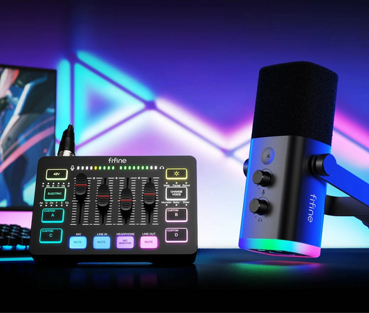FIFINE All-in-One Podcast Kit with RGB Audio Mixer, Streaming Studio Set with Dynamic Mic for PC Gaming Recording - Ampligame KS5