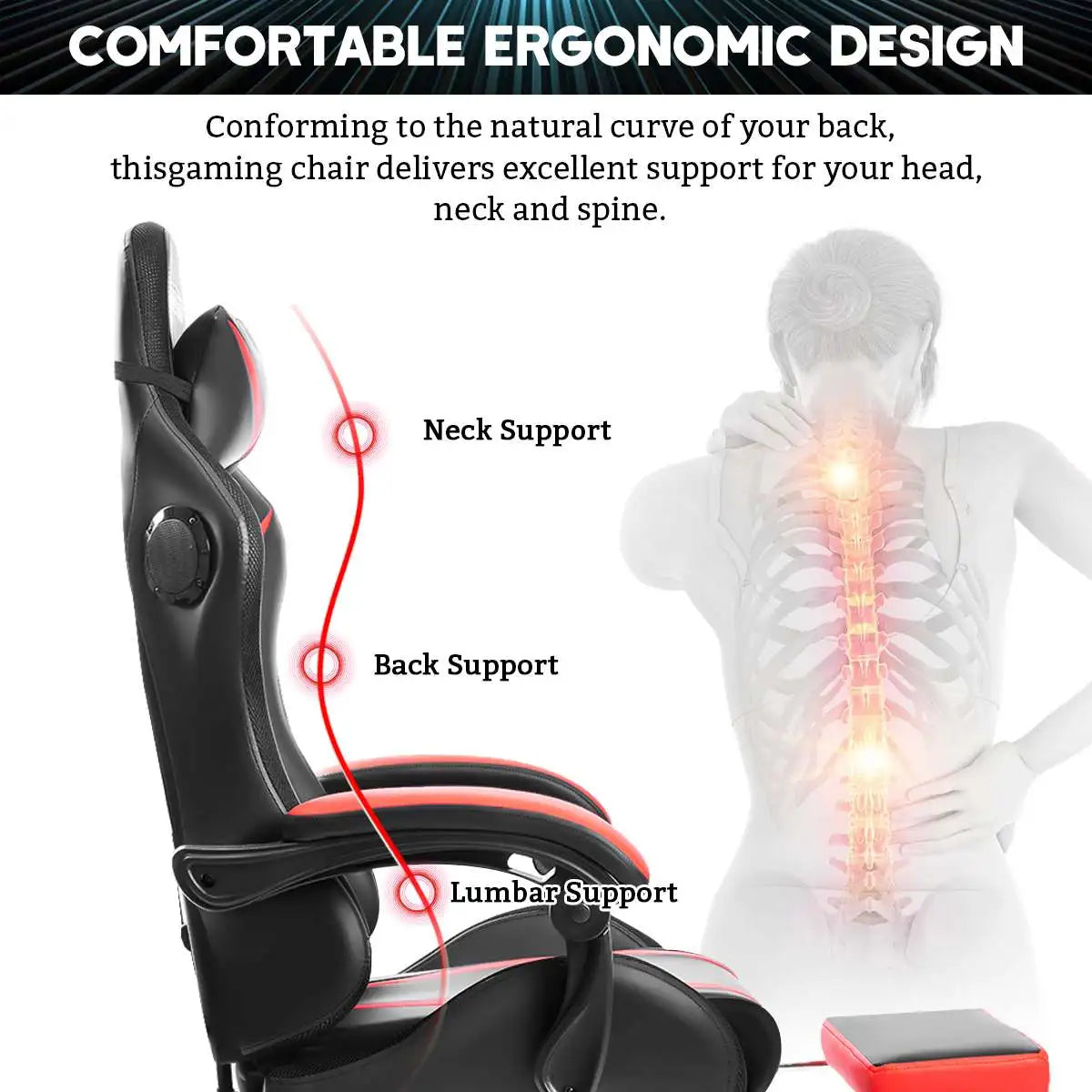 ErgoLux RGB Gaming Recliner with Bluetooth Speakers and Two Point Massage