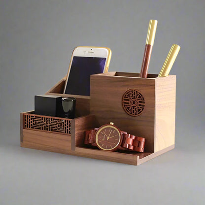 Japanese Wooden Office Stationery Storage and Pen Holder Box