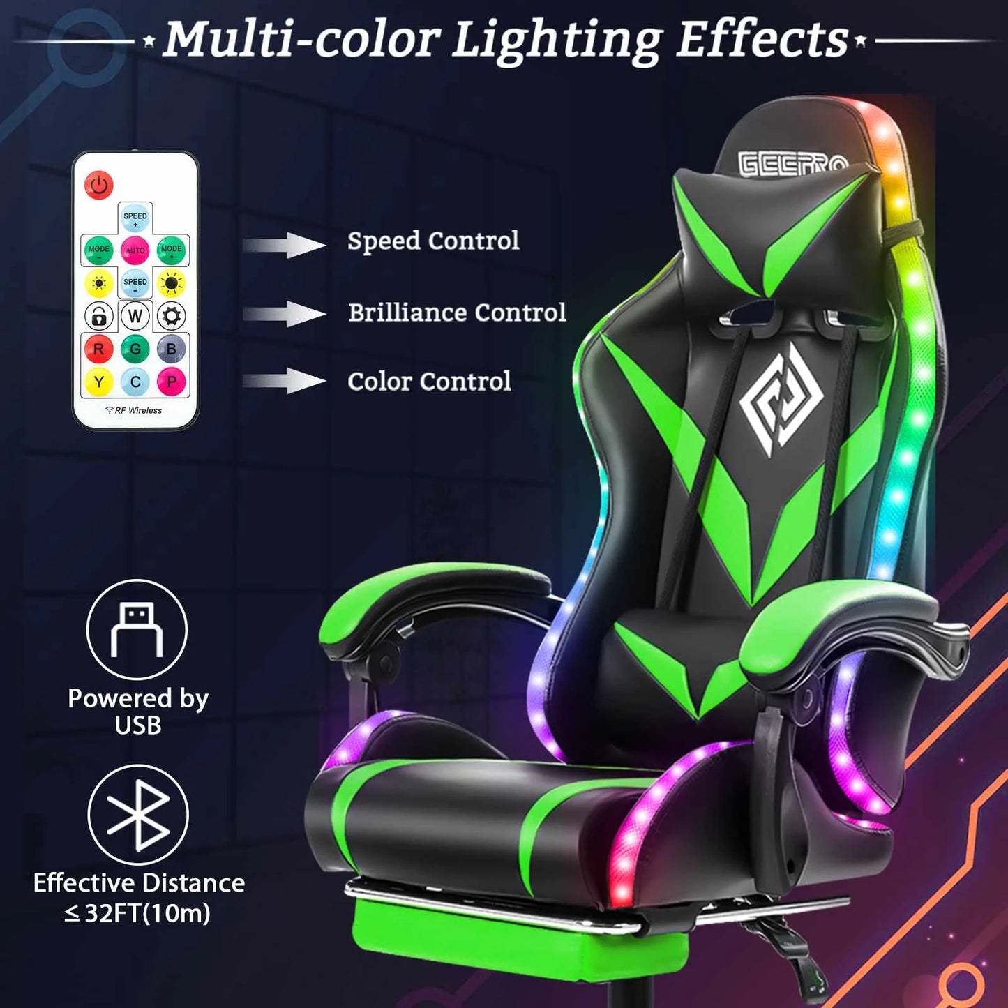 ErgoLux RGB Gaming Recliner with Bluetooth Speakers and Two Point Massage