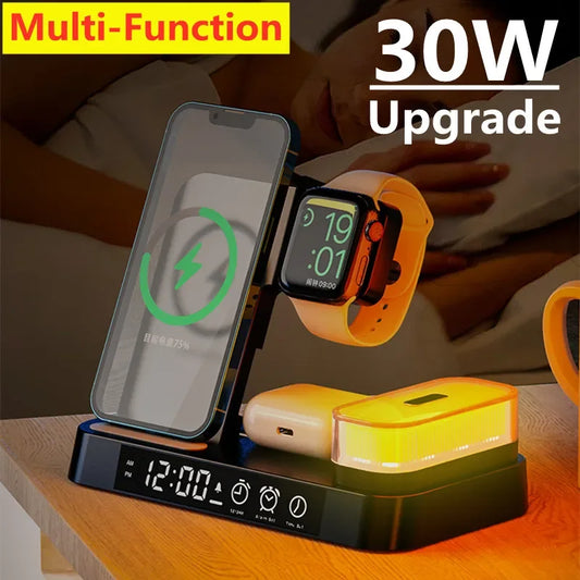 30W 3 In 1 Wireless Charger Stand With Alarm Clock And Night Light
