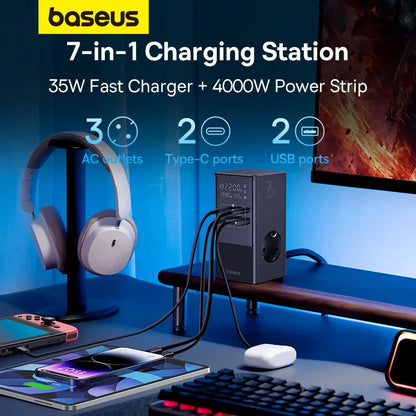Baseus 35W Fast Charger Digital Power Strip 7-in-1 Charging Station With Digital Display 4000W Rated Power