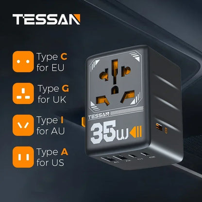 TESSAN 100W GaN Universal Travel Adapter: USB & Type C Fast Charging International Plug for EU/UK/USA/AUS