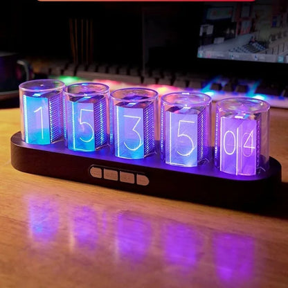 Cyberpunk RGB Nixie Tube Clock with Walnut Wood Base