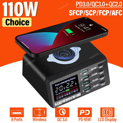 110W  9 In 1 USB PD Charger Adapter, Wireless Charging Station